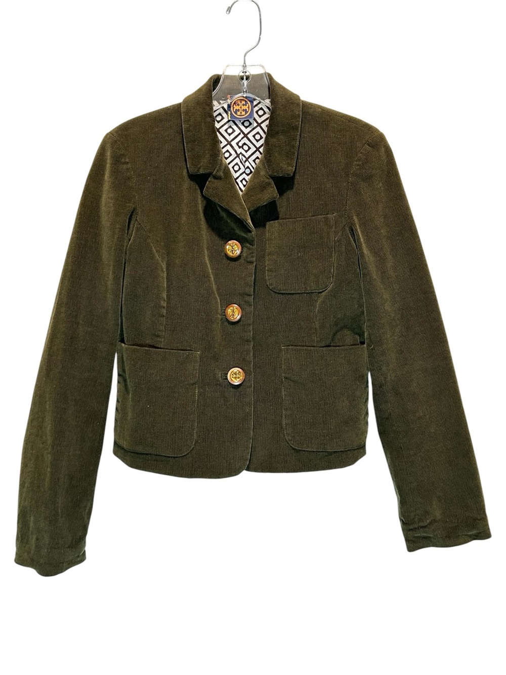 VTG Tory Burch Olive Fine Wale Corduroy Three Button Blazer Jacket - Small